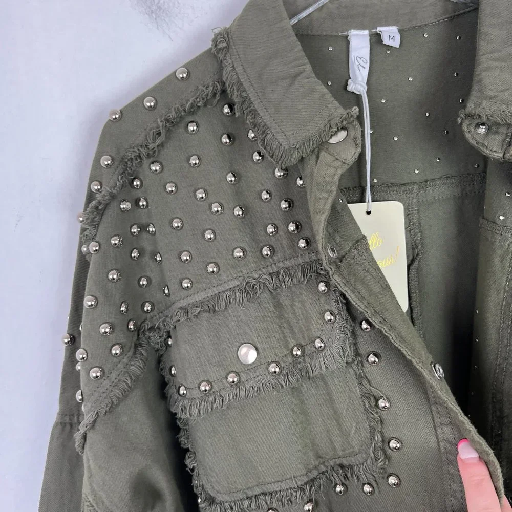 NWT Elan Studded Cotton Demi Jacket Olive Green Lightweight Size Medium M N2193 - Picture 3 of 16